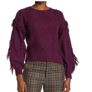 Kikit Cable Knit Fringe Sleeves Sweater Purple Small